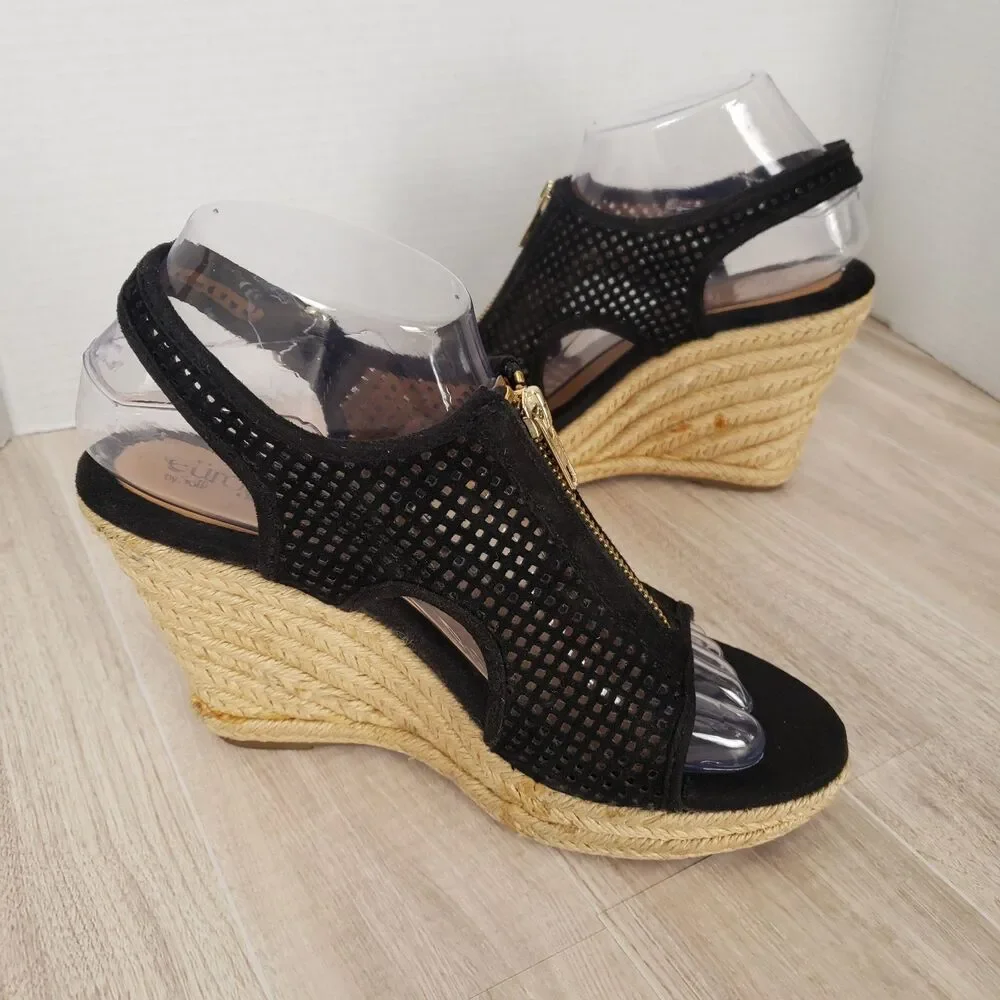 Sofft Black Suede Raffia Wedge Sandals Perforated Leather Sz 7.5 Ankle Strap